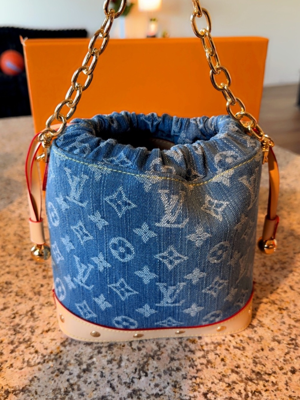 Louis Vuitton Blue Monogram Denim Bucket Shoulder Bag with Gold Chain